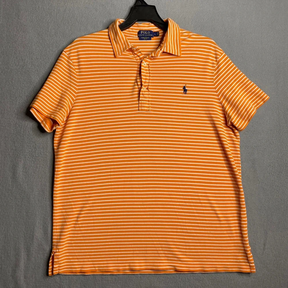 Polo Ralph Lauren Mens Orange White Striped Featherweight Mesh Polo Shirt Size L